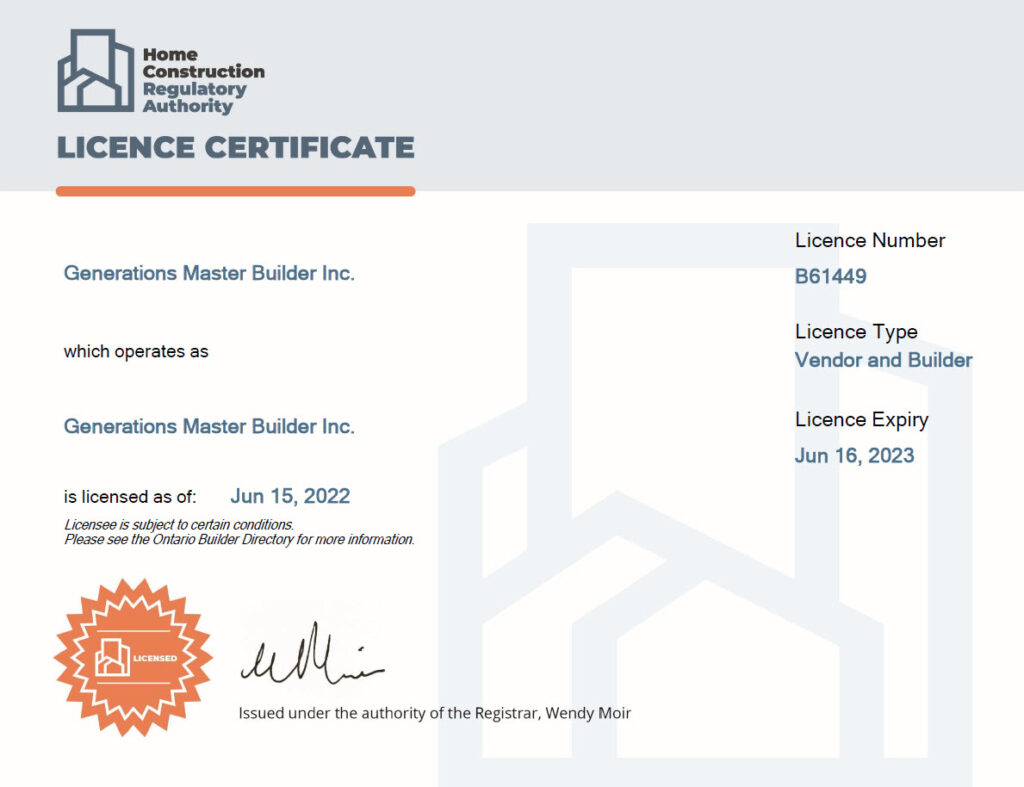 HCRA / Tarion - Generations Master Builder